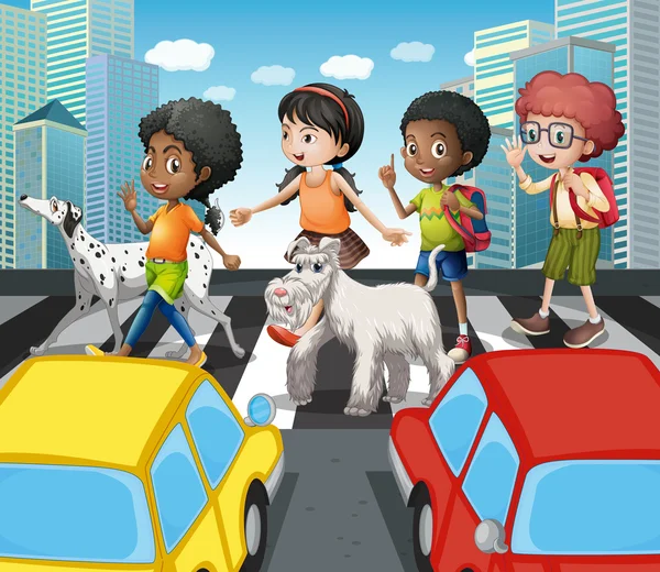 Kinder überqueren Straße am Zebrastreifen — Stockvektor