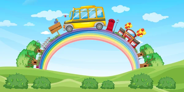 Schule und Schulbus am Regenbogen — Stockvektor