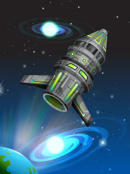 Spaceship flying in the dark space — Stock Vector