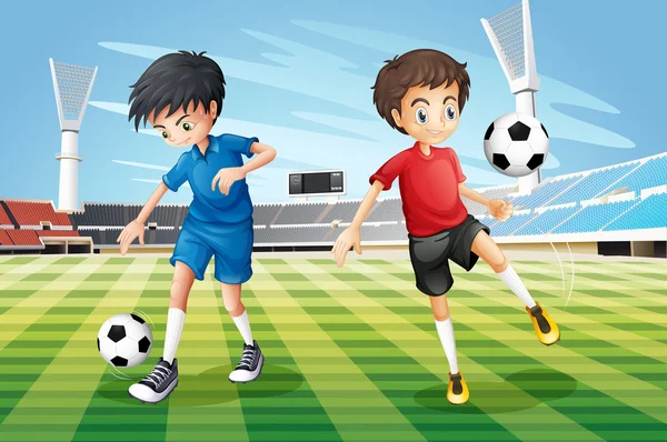 Мальчики играют в футбол на поле — стоковый вектор