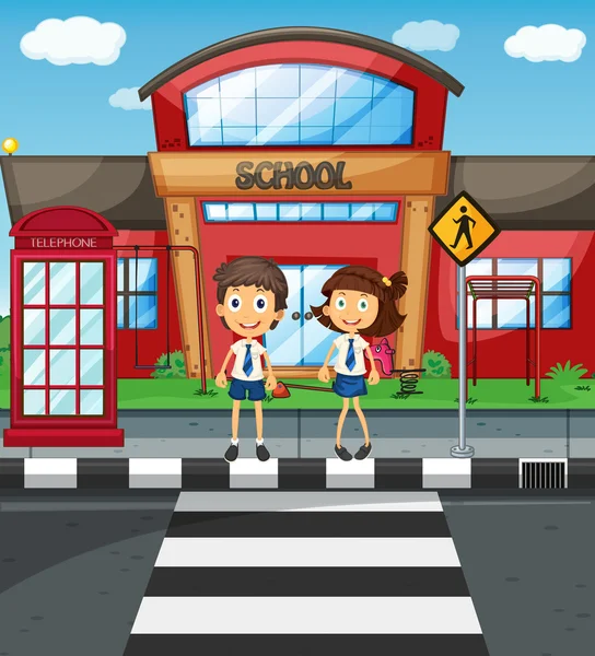 Two students crossing road in front of school — Stock Vector