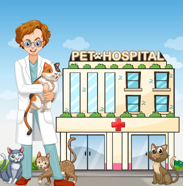 Male vet and cats at the pet hospital — Stock Vector