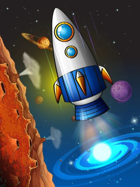 RocketShip latające wokół planety — Wektor stockowy