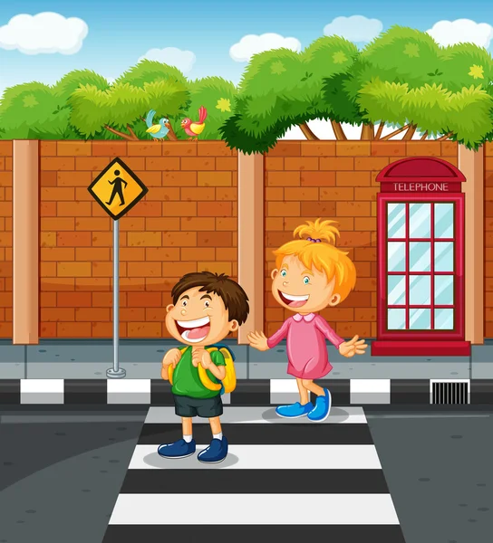 Two kids crossing the  street — Stock Vector