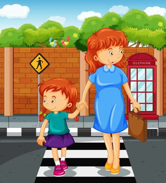 Mutter und Mädchen überqueren die Straße — Stockvektor