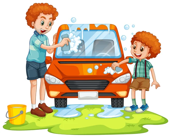 Vader en zoon wassen auto — Stockvector