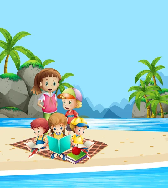 Children reading books on the beach — Stock Vector