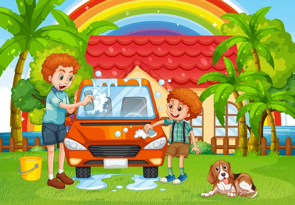 Vader en zoon wassen auto in achtertuin — Stockvector