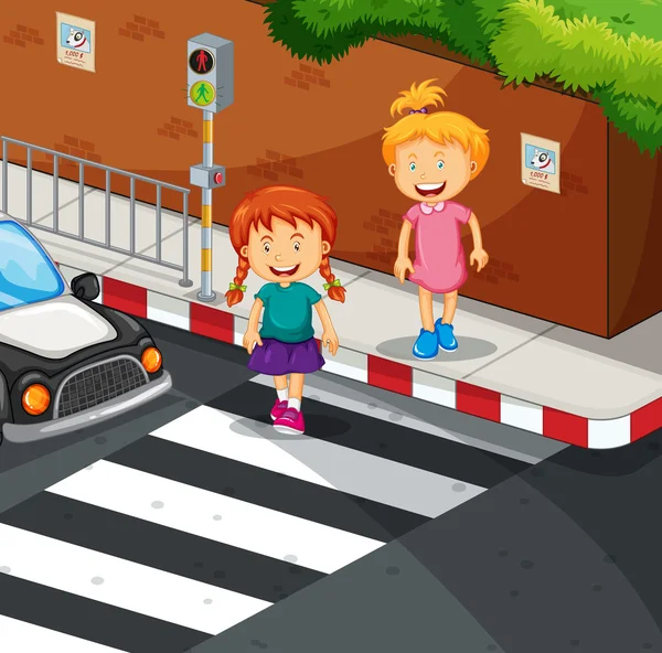 Two girls crossing the road — Stock Vector