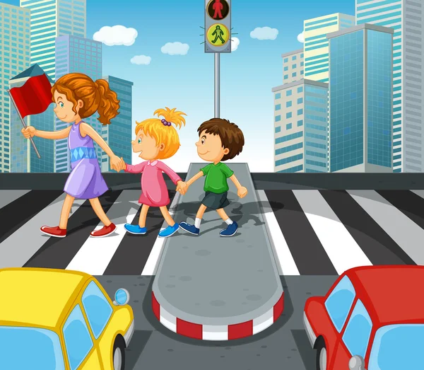 Niños cruzando la calle en el cruce de cebra — Vector de stock