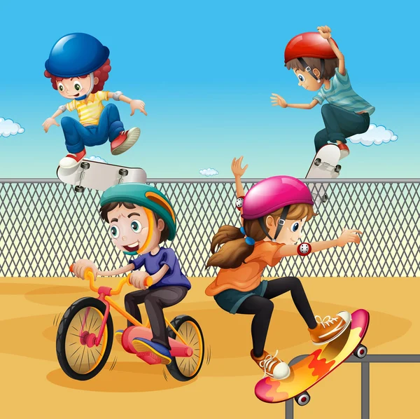 Niños montando en bicicleta y patinaje — Vector de stock