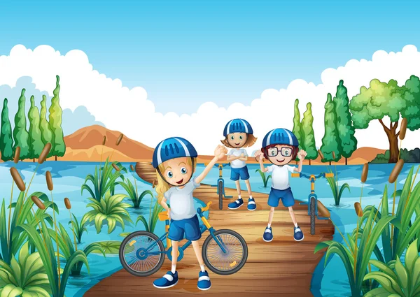 Köprünün diğer tarafında bisiklet sürme üç çocuklar — Stok Vektör