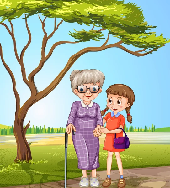 Бабушка и ребенок в парке Векторная Графика