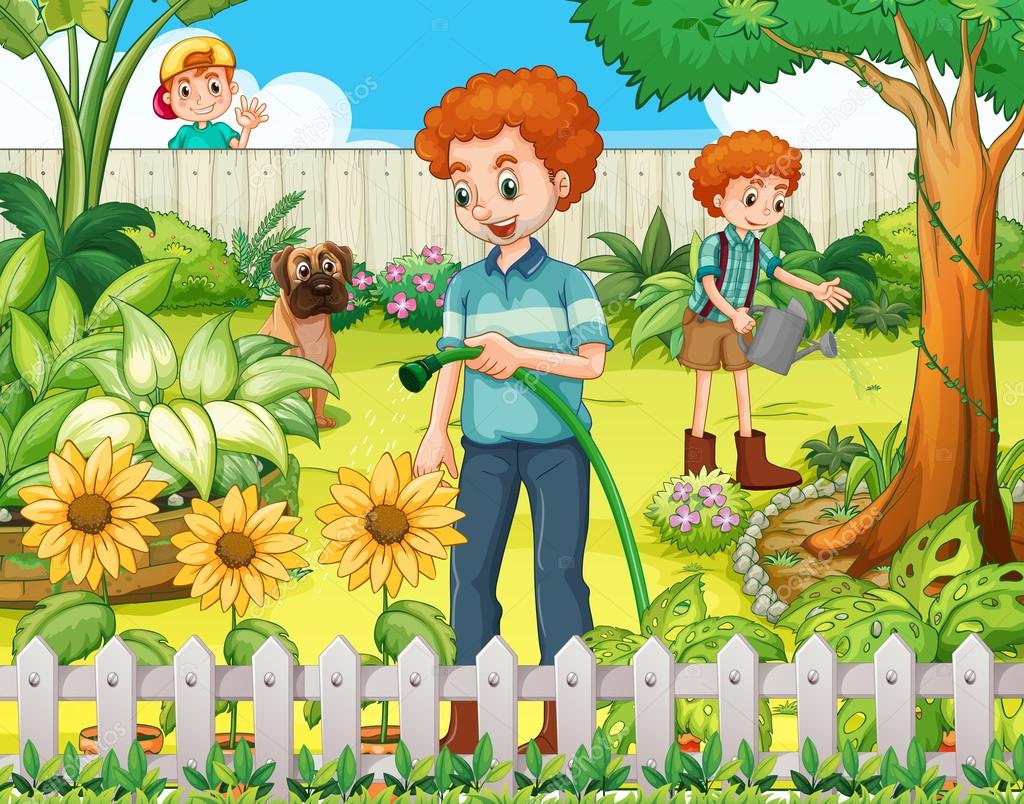 Padre e hijo regando las plantas en el jardín Vector de stock #104640142 de  ©interactimages, image size:1024x804