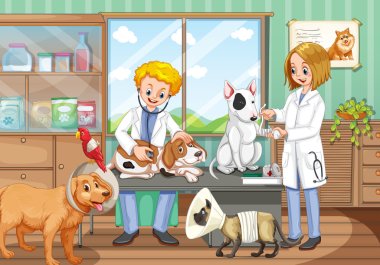 Two vets working in the animal hospital clipart