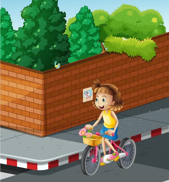 Little girl riding bike on the road — Stock Vector