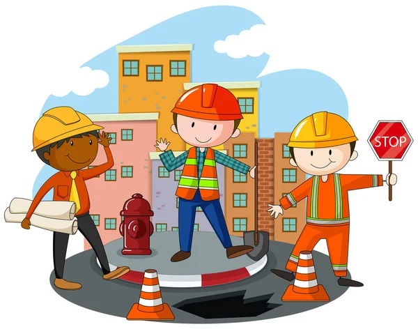 Trabajadores de la construcción en la obra — Vector de stock