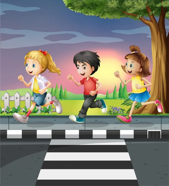 Tres niños corriendo por la carretera — Vector de stock