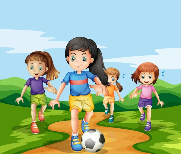 Chicas jugando al fútbol en el parque — Vector de stock