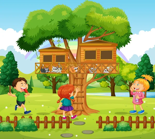 Three kids playing at the treehouse — Stock Vector