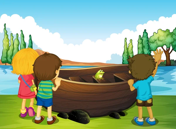 Niños de pie junto al barco — Vector de stock