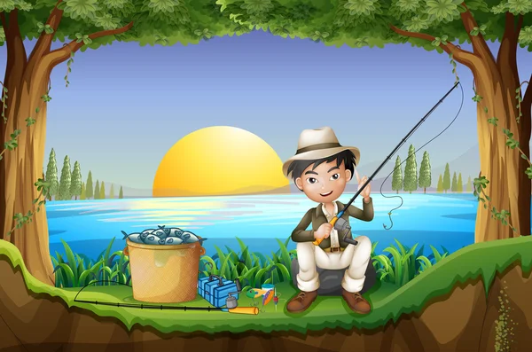 Hombre pescando junto al lago — Vector de stock