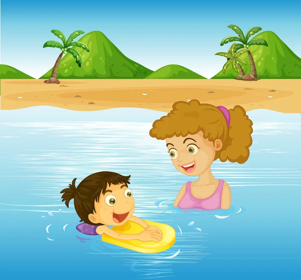 小女孩和妈妈在海里游泳 — 图库矢量图片