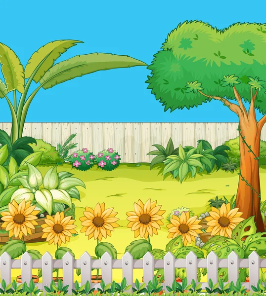 Scéna se stromy a květiny v zahradě — Stockový vektor