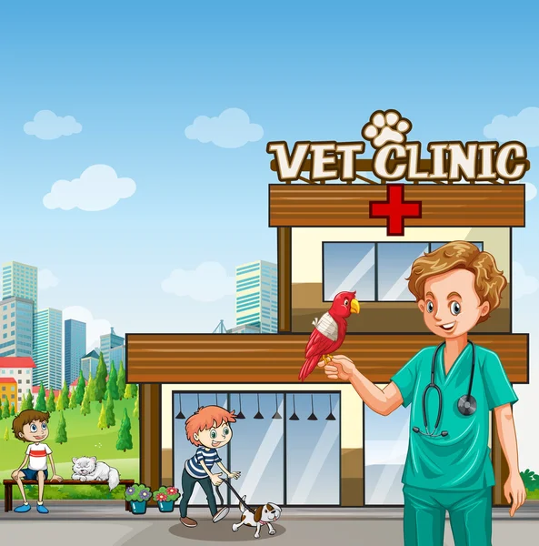 Dierenarts en veel huisdieren bij de kliniek — Stockvector