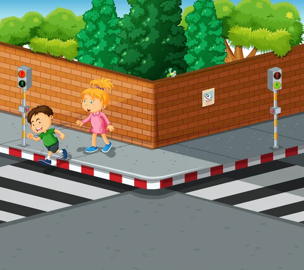 Мальчик и девочка переходят дорогу — стоковый вектор
