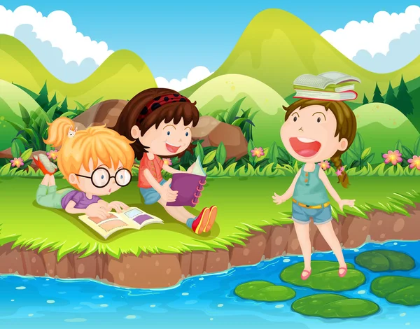 Tres chicas leyendo libros junto al río — Vector de stock