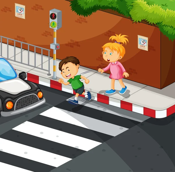 Niño y niña cruzando la calle — Vector de stock