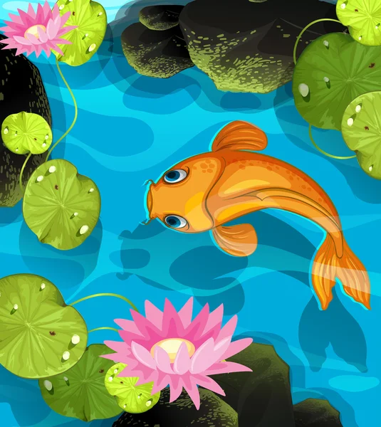 Koi nadando en la piscina de loto — Vector de stock