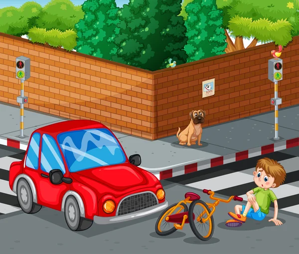 Scene with car crashing bicycle and boy getting hurt — Stock Vector