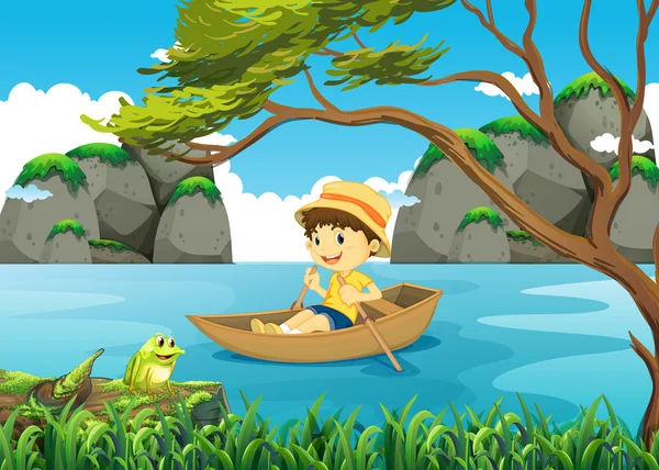 Boy rowing boat alone in the lake — Stock Vector