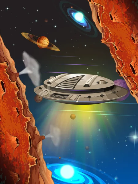 Космічний корабель літає в просторі — стоковий вектор