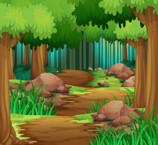 Escenario con pista en el bosque para caminatas — Vector de stock