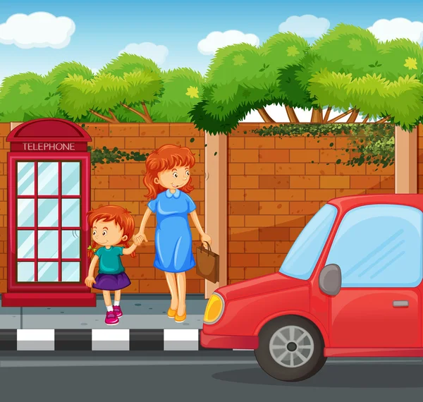 Дівчина і мати стоять на тротуарі — стоковий вектор