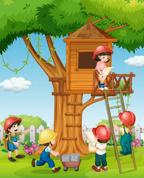 Children building treehouse in the park — Stock Vector