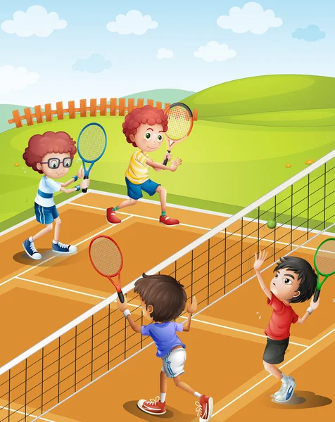 Children playing tennis at the court — Stock Vector