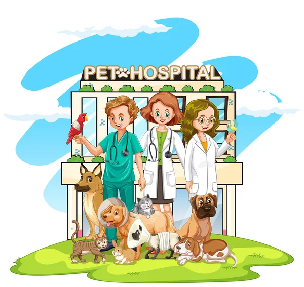 Tres veterinarios y muchas mascotas en el hospital — Vector de stock