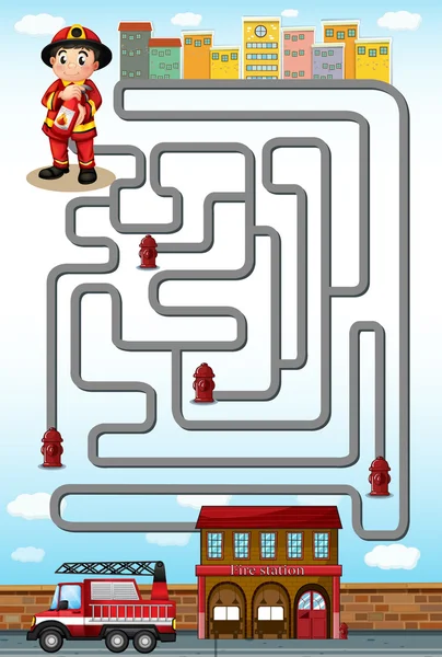 Maze game with fire fighter and station — Stock Vector