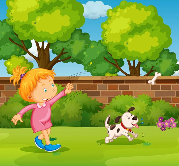 庭にペットの犬と遊ぶ少女 — ストックベクタ