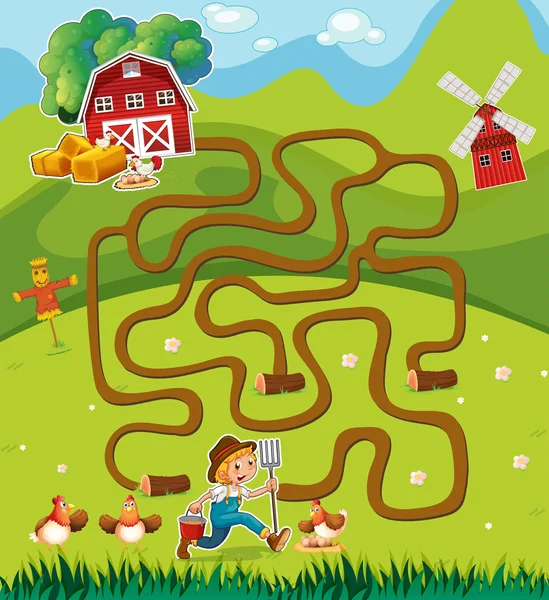 Plantilla de juego con agricultor en el corral — Vector de stock