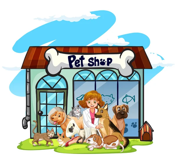 Vet and many pets at pet shop — Stock Vector