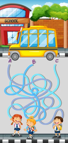 Гра в лабіринт зі студентами та шкільним автобусом — стоковий вектор