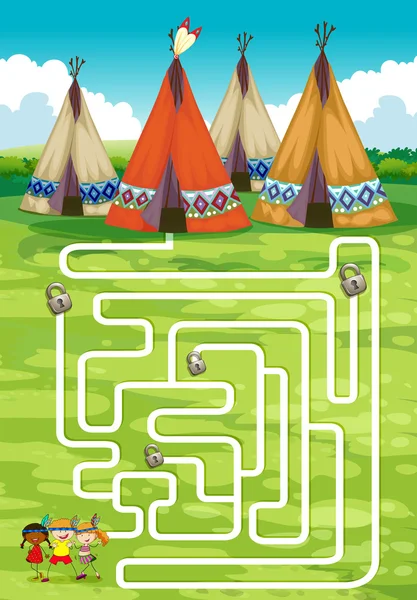 Modelo de jogo com teepee e índios — Vetor de Stock