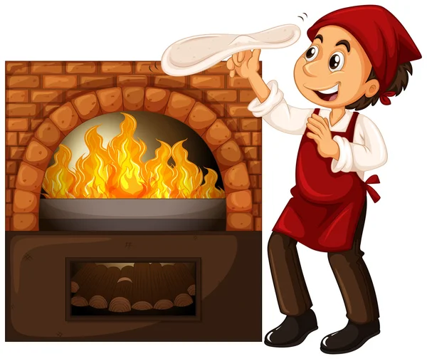 Chef masculino haciendo pizza con horno de piedra — Vector de stock