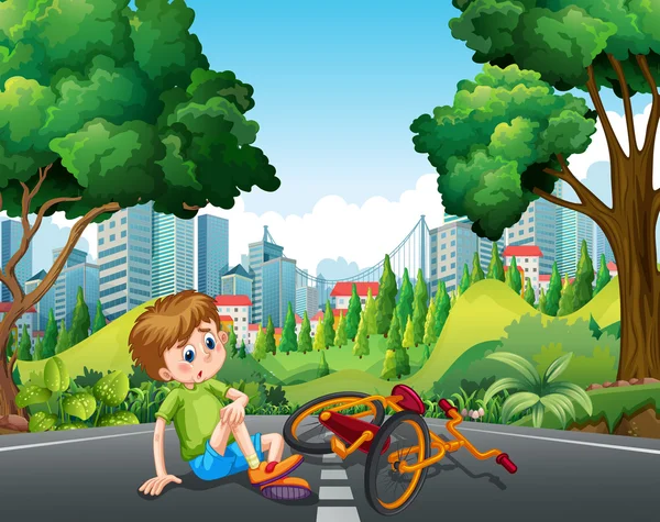Pojke falla av cykeln på gatan — Stock vektor