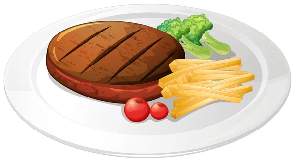 Filete y papas fritas en el plato — Vector de stock